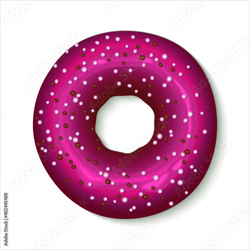 Glazed pink donut, top view. Sweet donut with colorful sprinkles  isolated on a white background. Icon for logo of menu and cafe.