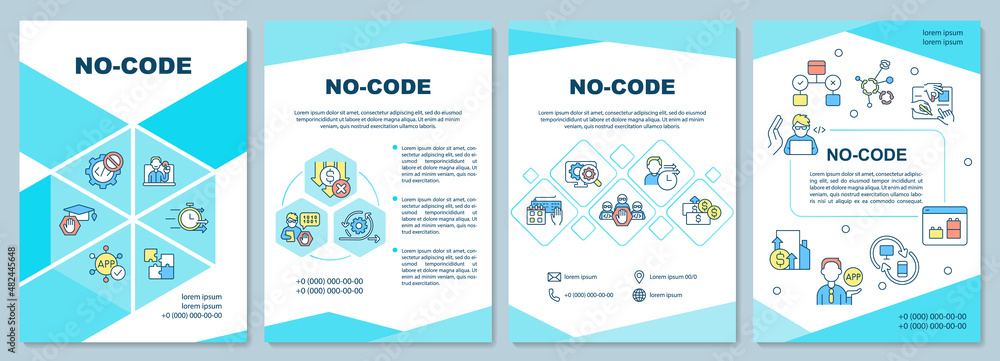 No code brochure template. Web 3 0 solutions. Booklet print design with linear icons. Vector layouts for presentation, annual reports, ads. Arial-Black, Myriad Pro-Regular fonts used
