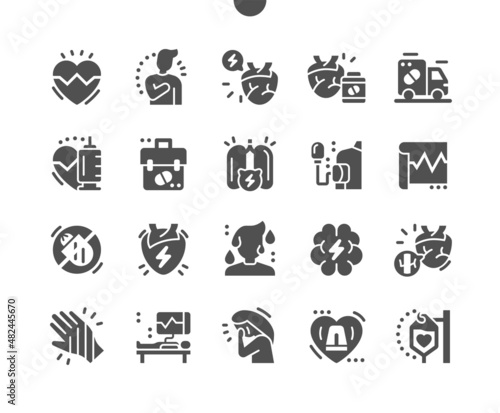 Heart Attack. Measure pressure. Heartbeat and cardiogram. Ambulance. Health care, medical and medicine. Vector Solid Icons. Simple Pictogram