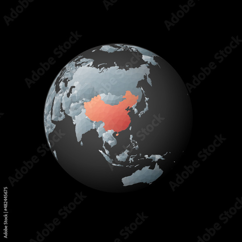 Low poly globe centered on China. Red polygonal country on the globe. Satellite view of China. Captivating vector illustration.
