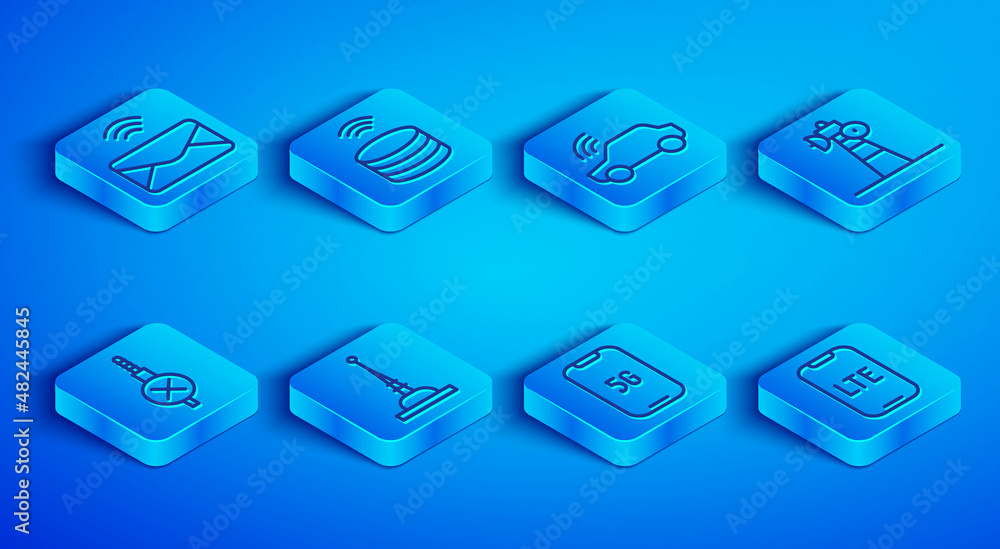 Set line Mail and e-mail, Smart data server, car system, Antenna, Mobile with 5G, Satellite dish, No audio jack and LTE network icon. Vector Set line Mail and e-mail, Smart data server, car system, Antenna, Mobile with 5G, Satellite dish, No audio jack and LTE network icon. Vector