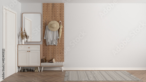 Bild auf Leinwand Modern scandinavian lobby, minimalist white hall with stucco walls, empty space with cabinet, mirror, bench, wooden coat hanger, shoes, clothes, umbrella