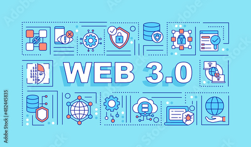 Web 3 0 word concepts turquoise banner. Low code platform. Infographics with linear icons on background. Isolated typography. Vector color illustration with text. Arial-Black font used