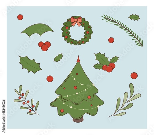 A set of Christmas trees, berries, flowers and a composition of green leaves. Vector illustration in a cartoon style