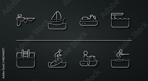 Set line Fishing harpoon, Swimming pool with ladder, Diving board or springboard, Jet ski, Surfboard, Yacht sailboat, Water skiing man and icon. Vector