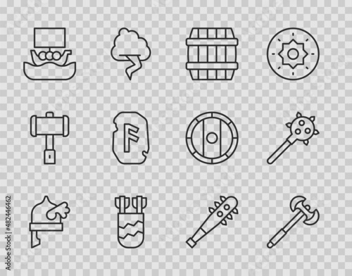 Set line Viking in horned helmet, Medieval poleaxe, Wooden barrel, Quiver with arrows, ship Drakkar, Magic rune, Mace spikes and icon. Vector
