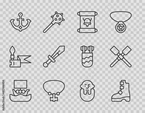 Set line Viking ship Drakkar, Ancient viking boots, Decree, parchment, scroll, Necklace with gem, Anchor, Medieval sword, head and Oars paddles boat icon. Vector