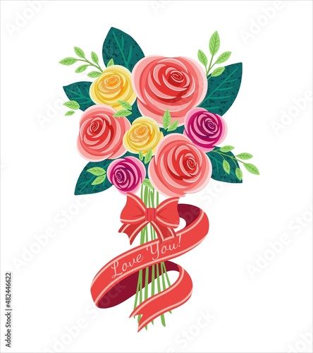 Vector bouquet roses with ribbon, of red, orange, yellow, blue and purple flowers isolated on white background. March 8 Valentine's Day