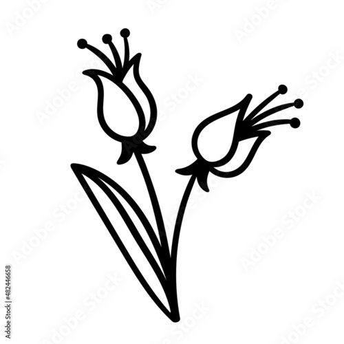 hand-drawn doodle bluebell with a leaf. vector isolated cartoon illustration. line print, sticker, tattoo, flower