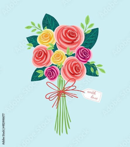 With love, Vector bouquet roses, of red, orange, yellow, blue and purple flowers isolated on blue background. March 8 Valentine's Day