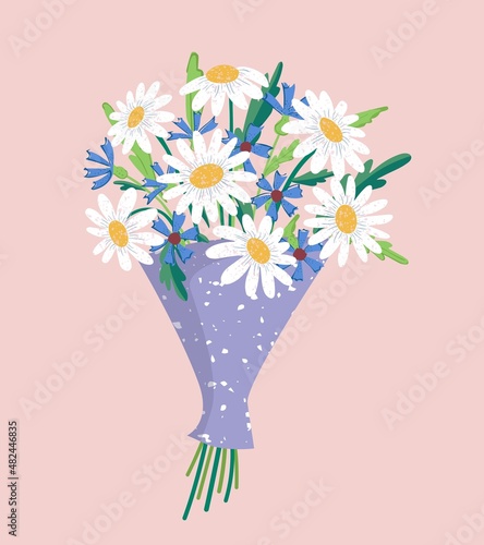 Vector bouquet chamomile, of red, orange, yellow, blue and purple flowers isolated on a pink background. March 8 Valentine's Day