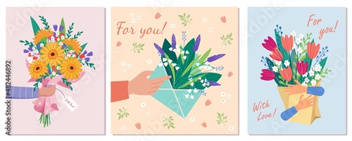 Set of Vector bouquet hand holding gerbera, lilies of the valley, tulips of red, orange, yellow, blue and purple flowers isolated on a pink background. March 8 Valentine's Day