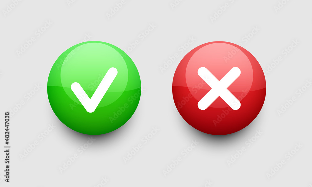 Check mark and cross icon. Green and red 3d buttons with a white check mark and a cross. Vector clipart isolated on white background. Check mark and cross icon. Green and red 3d buttons with a white check mark and a cross. Vector clipart isolated on white background.