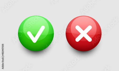 Check mark and cross icon. Green and red 3d buttons with a white check mark and a cross. Vector clipart isolated on white background.