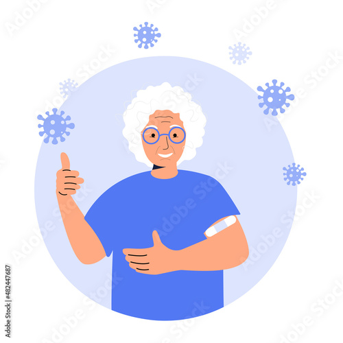 Coronavirus vaccine. Signora, An elderly woman has been vaccinated against Covid-19. The concept of immunization and health. Flat vector illustration.