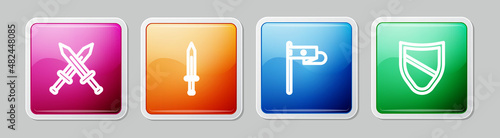 Set line Crossed medieval sword, Medieval, flag and Shield. Colorful square button. Vector
