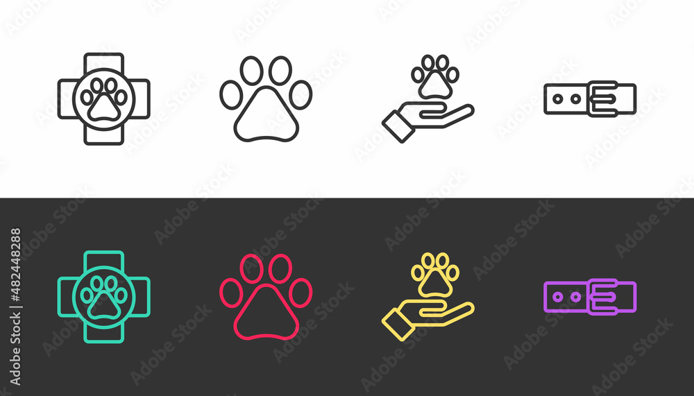 Set line Veterinary clinic, Paw print, Hands with animals footprint and Collar name tag on black and white. Vector