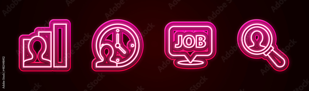 Set line Productive human, Time Management, Speech bubble with job and Magnifying glass for search. Glowing neon icon. Vector Set line Productive human, Time Management, Speech bubble with job and Magnifying glass for search. Glowing neon icon. Vector