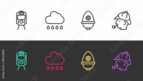 Set line Tram and railway, Cloud with rain, British police helmet and Sherlock Holmes on black and white. Vector