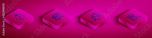 Set Isometric line Money bag with pound, Fish and chips, Sherlock Holmes and Coffee cup to go icon. Vector