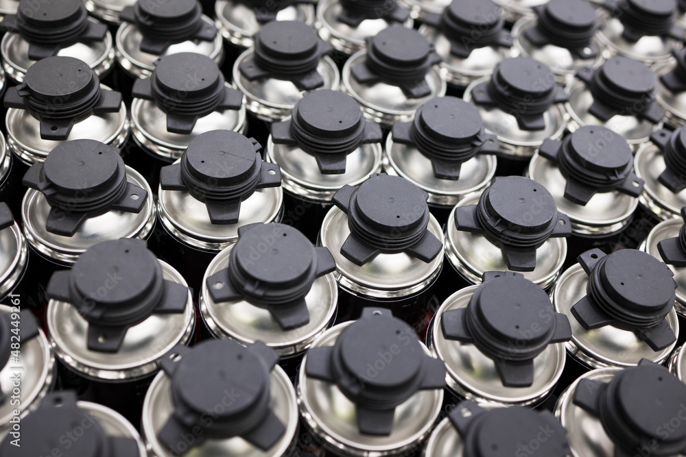 collection of metal cans , high angle view . collection of metal cans , high angle view .