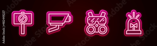 Set line Protest, Security camera, Gas mask and Flasher siren. Glowing neon icon. Vector