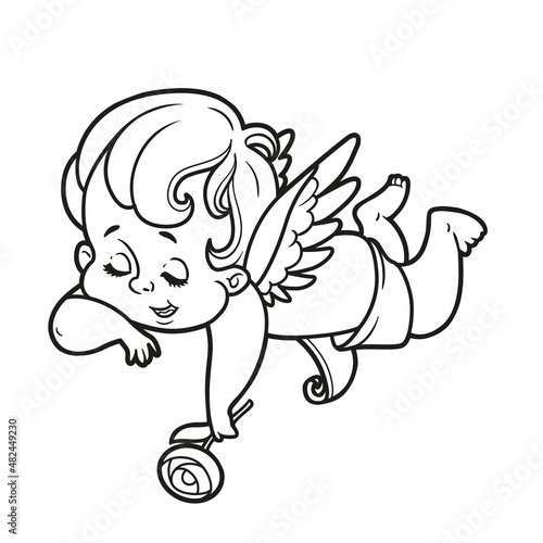 Cute cartoon cupid lies and dozes with a flower in his hand outlined for coloring page isolated on a white background