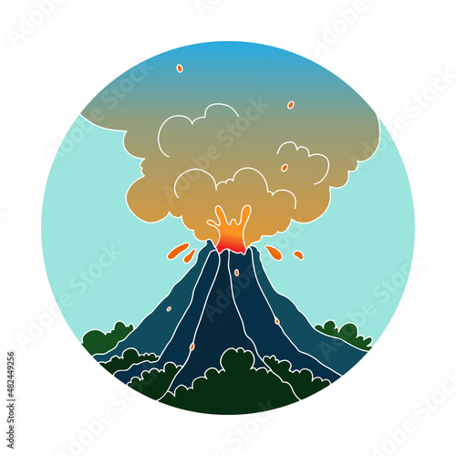 Volcano erupting. Cartoon Style Vector Illustration volcano eruption with hot lava and smoke.