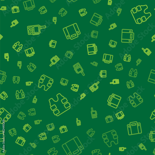 Set line Walkie talkie, Bulletproof vest and Police assault shield on seamless pattern. Vector