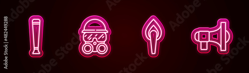 Set line Police rubber baton, Gas mask, Torch flame and Megaphone. Glowing neon icon. Vector