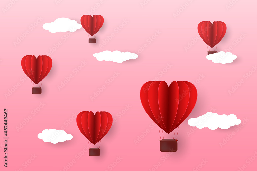 Happy Valentine's Day, wedding day, greeting card design. Holiday banner with hot air heart balloon. Paper art and digital craft style illustration