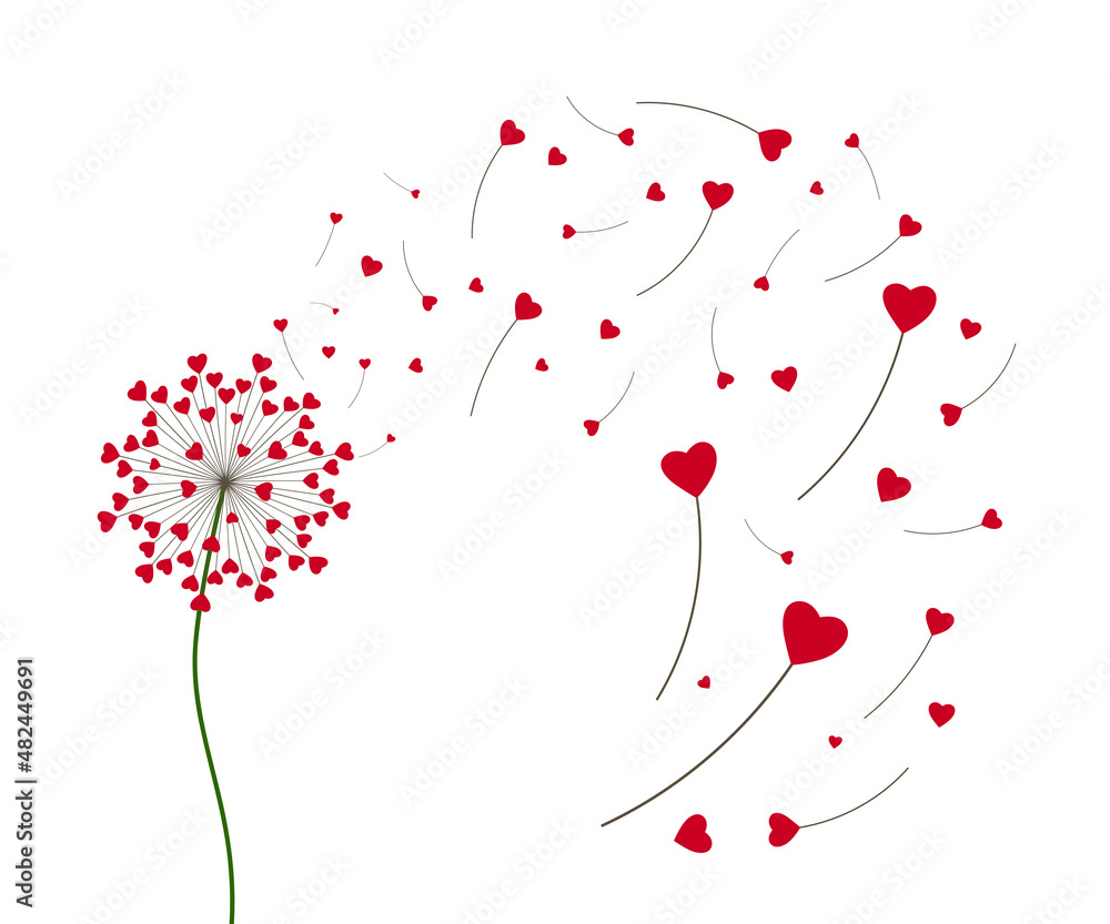 Dandelion with hearts. Happy Valentine's day greeting card. Lovely romance flower. Congratulation with Love. Valentine's day Vector illustration background.