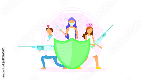 Abstract Flat Medics Protecting Herself From The Virus Cartoon People Character Concept Illustration Vector Design Style Coronavirus COVID-19 Mass Vaccination Healthcare Epidemic