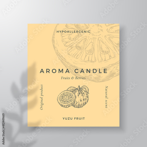 Aroma candle vector label template. Exotic Yuzu fruit scent from local purveyors advert design. Ink style sketch background layout decor Natural smell product package text space