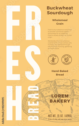 Fresh Baked Bread Abstract Vector Packaging Design Label. Modern Typography Banner, Hand Drawn Buckwheat Sourdough Loaf Sketch Silhouette. Color Paper Background Layout Isolated