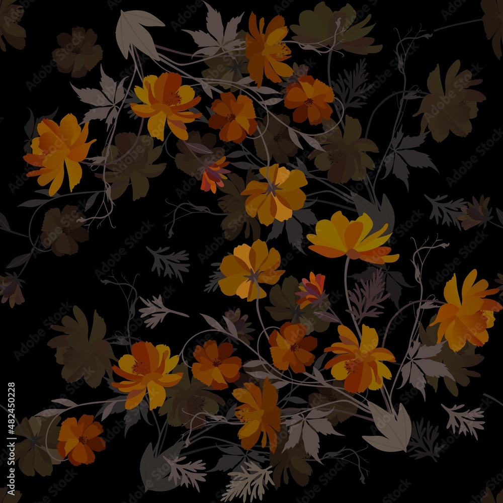 Beautiful variegated ornament with bouquets of orange cosmos flowers on a black background. Seamless print for fabric in vector.