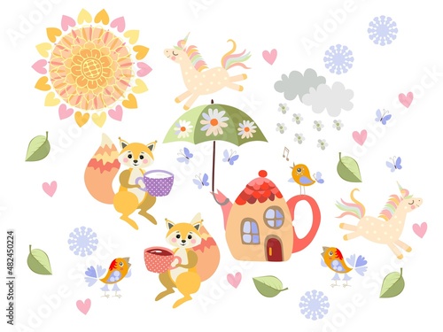 Wonderful print for baby carpet  pillow  blanket  postcard  towels. Cute squirrels with cups  cartoon unicorns  funny birds  teapot that looks like house  beautiful sun  clouds and flowers.