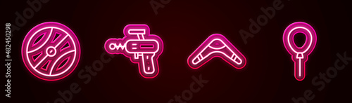 Set line Basketball ball, Ray gun, Boomerang and Balloons with ribbon. Glowing neon icon. Vector