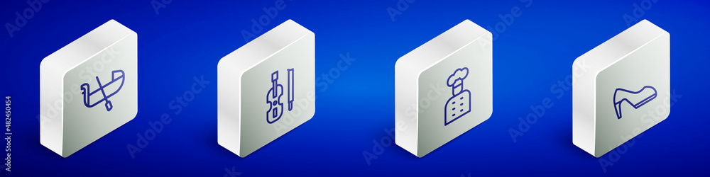 Set Isometric line Gondola, Violin, Italian cook and Woman shoe icon. Vector Set Isometric line Gondola, Violin, Italian cook and Woman shoe icon. Vector
