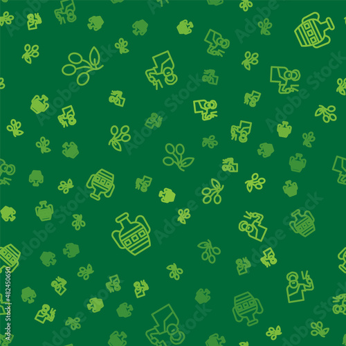 Set line Olives branch, Ancient amphorae and Zeus on seamless pattern. Vector