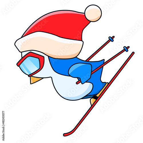 The penguin is skiing in a ski mask and hat. Flat vector illustration isolated on white background.