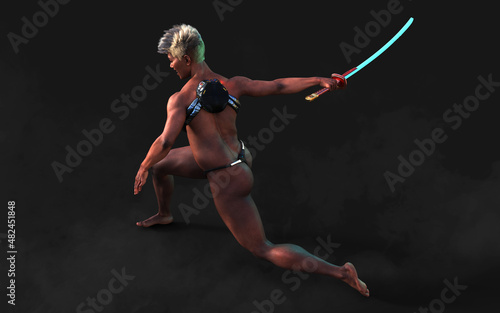 3d Illustration Human Portrait Of A Beautiful Muscular Techno Warrior with A Samurai Sword with Clipping Path 