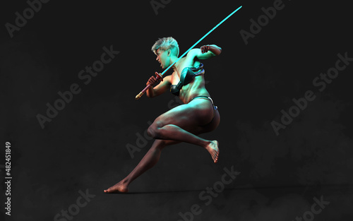 3d Illustration Human Portrait Of A Beautiful Muscular Techno Warrior with A Samurai Sword with Clipping Path 