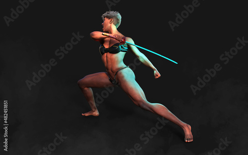 3d Illustration Human Portrait Of A Beautiful Muscular Techno Warrior with A Samurai Sword with Clipping Path  © mrjo_7