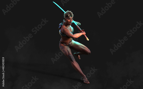 3d Illustration Human Portrait Of A Beautiful Muscular Techno Warrior with A Samurai Sword with Clipping Path 