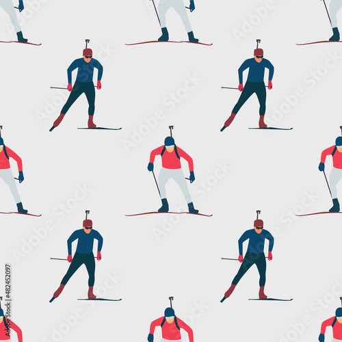 Male biathlete. Vector seamless pattern with biathletes.