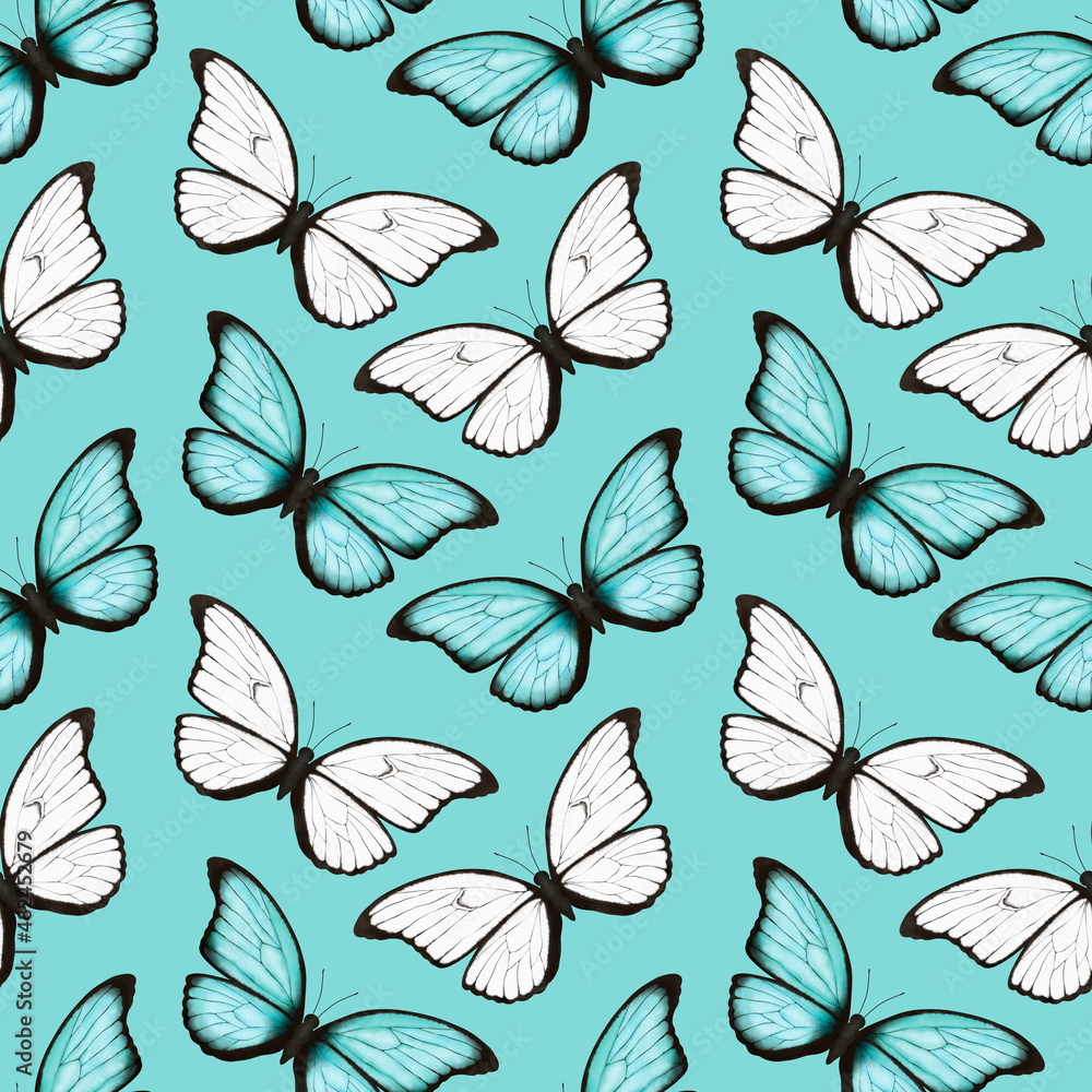 Fototapeta premium Watercolor tropic exotic butterfly seamless pattern. Spring background with butterfy for textile, wallpaper, greeting cards