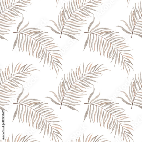 Exotic tropical palm leaves seamless summer watercolor pattern. Pastel colores