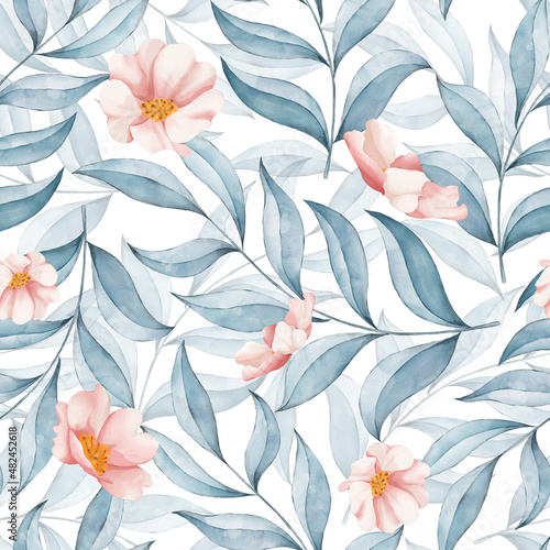 Fototapeta Naklejka Na Ścianę i Meble -  Watercolor rose hip or anemone pink flower and branches, leaves seamless pattern.