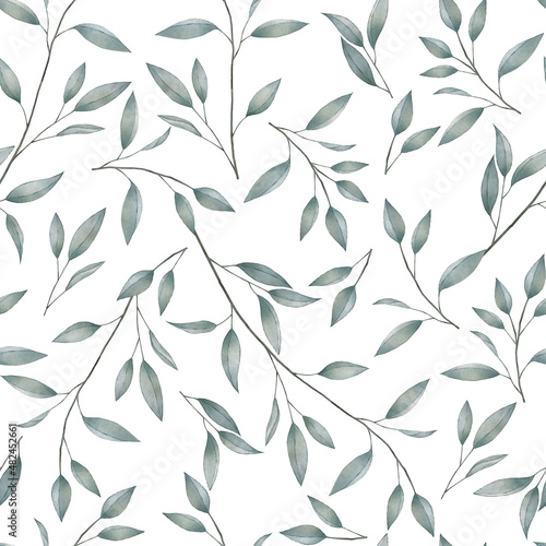 Eucalyptus twig and leaves watercolor spring seamless pattern